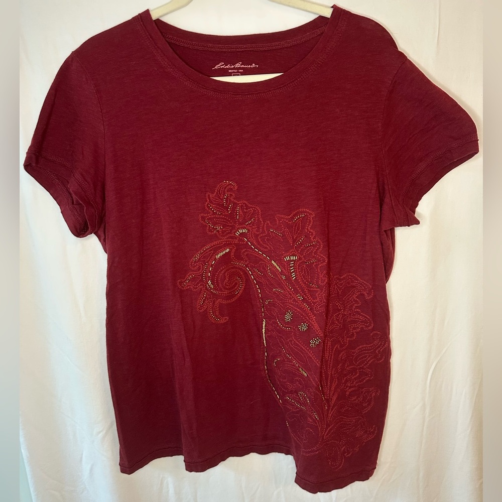 Eddie Bauer T Shirt Burgundy Embroidered | Women’s XL #549